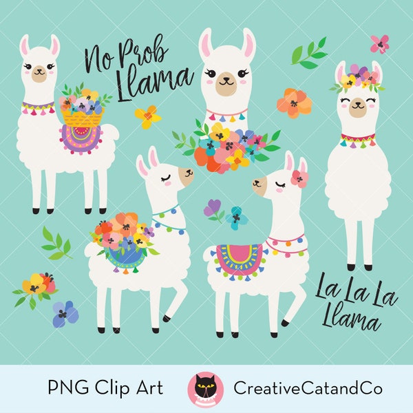 Cute Llamas with Spring Flowers Clipart, Spring Alpaca Llama Illustration Clipart Clip Art Set, Commercial Use