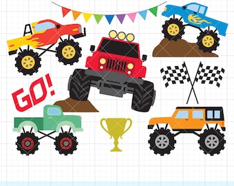 Monstertruck PNG Clipart, Off-Road-Truck Clip Art, Kinder Big Truck Cartoon, Renn-LKW-Illustration, großes Rad-LKW-Bundle