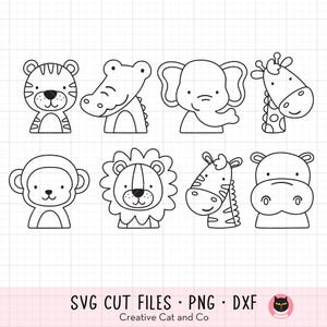 Outlined Animal Faces Coloring SVG PNG, Animal Heads Drawing, Kid Coloring Party Activity, Jungle Animal Black Digital Stamp, Dxf Clipart