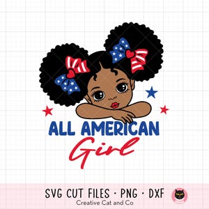 オールアメリカンブラックガールSVG、PNG、昇華、愛国心、独立記念日、かわいい7月4日のアフリカのアフロガール、小さな黒人少女、SVG