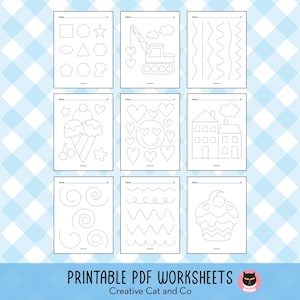May include: Nine printable PDF worksheets with dotted lines for tracing various shapes, objects, and patterns. The worksheets include shapes, a crane, ice cream, hearts, houses, swirls, zigzags, and a cupcake. The text at the bottom reads "PRINTABLE PDF WORKSHEETS" and "Creative Cat and Co."