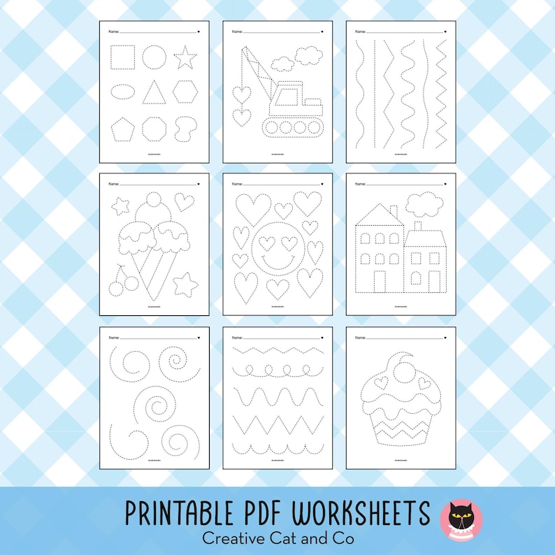 May include: Nine printable PDF worksheets with dotted lines for tracing various shapes, objects, and patterns. The worksheets include shapes, a crane, ice cream, hearts, houses, swirls, zigzags, and a cupcake. The text at the bottom reads "PRINTABLE PDF WORKSHEETS" and "Creative Cat and Co."