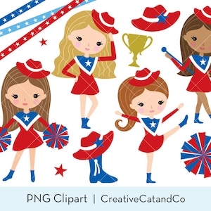 Drill Team Girl PNG Clipart, Cute Cheerleader with Pompom and Baton, Cheer Illustration, Cowboy Boot and Hat, Digital Download