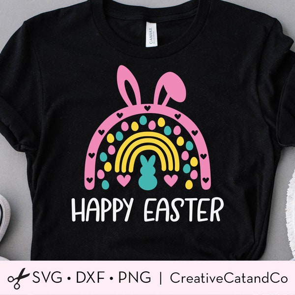 Happy Easter Rainbow Svg, Png, Rainbow with Bunny Ears and Easter Eggs, Girl, Kid, Easter Shirt Design, Svg, Dxf, Png, Cut File