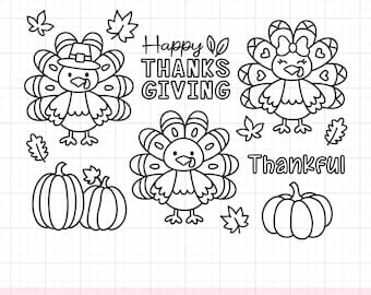 Fall Thanksgiving Turkey Outline Svg, Png, Clipart, Outlined Turkeys Pumpkins for Kid Coloring, Thanksgiving Coloring, Svg Cut Files, Dxf