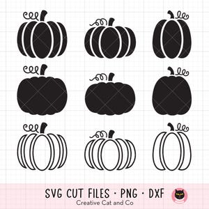 May include: Set of nine black pumpkin SVG cut files. The pumpkins are in various styles, including traditional, simple, and outlined.