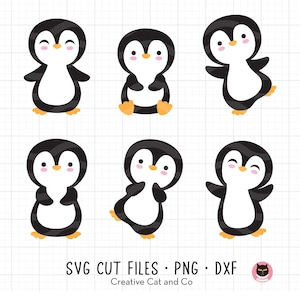Paquete SVG PNG de pingüino bebé, lindo pingüino bailando, diseño de vacaciones de invierno, varios archivos de corte de poses para Cricut y DXF