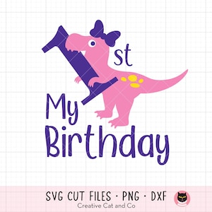 Menina 1º aniversário SVG Clipart Bebê menina dinossauro 1 ano de idade primeiro aniversário menina fofa dino com arco svg dxf png arquivos de corte para cricut