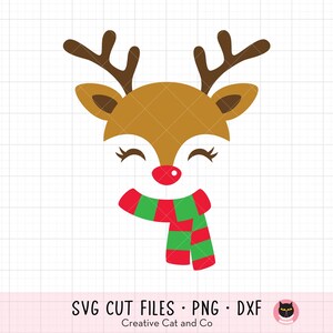 Renna che indossa sciarpa SVG DXF Carino viso di renna invernale con sciarpa colorata natalizia file svg dxf per uso commerciale Cricut