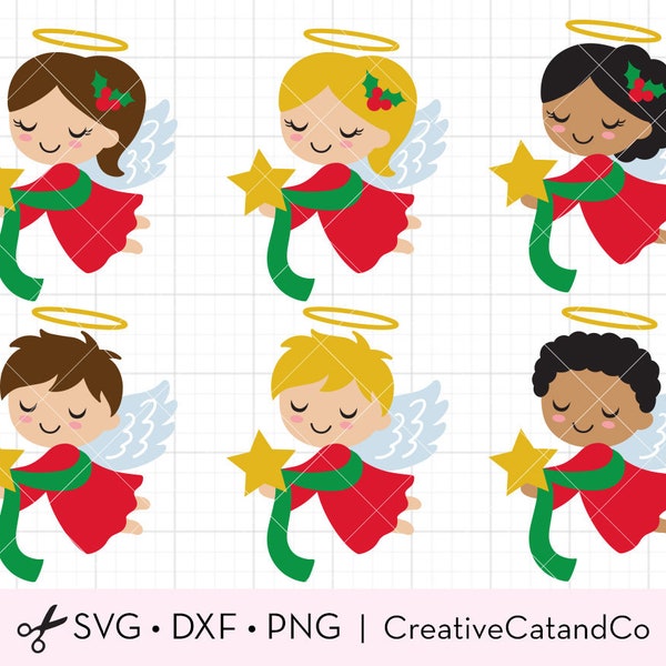 Christmas Angels SVG, PNG, Clipart, Boy and Girl Christmas Angels, Little Kid Christmas Angels with Star, Black Angel, Svg, Png Clipart, Dxf