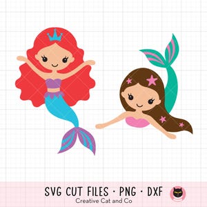 Little Mermaid SVG, PNG, DXF - Red-Haired and Brown-Haired Mermaid Princess Clipart, Cartoon Illustration, Cricut Cut File, Commercial Use