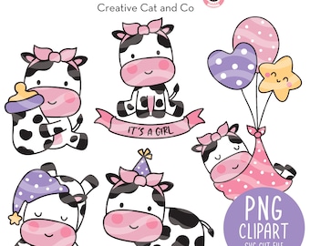 May include: A collection of cartoon cow illustrations in black, white, and pink. The cows are depicted with bows, party hats, and holding balloons. Text includes "BABY GIRL COW" and "IT'S A GIRL".