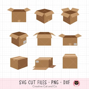 May include: Nine brown cardboard boxes in various open and closed configurations. Some boxes have a barcode sticker. The image includes the text "SVG CUT FILES • PNG • DXF" and "Creative Cat and Co".