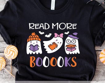 Cute Ghost Reading SVG PNG DXF | Funny Halloween Teacher Shirt Design | Read More Booooks Library Decor for Book Lovers