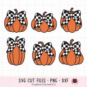 May include: Six orange pumpkins with black and white checkered bows. The pumpkins are all the same size and shape. They are arranged in two rows of three.