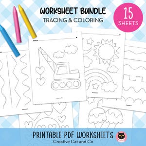 May include: A collection of printable PDF worksheets for tracing and coloring. The worksheets feature various designs, including a crane, sun, rainbow, and ice cream cones. The image also includes three crayons in blue, pink, and yellow, and text that reads "WORKSHEET BUNDLE TRACING & COLORING".