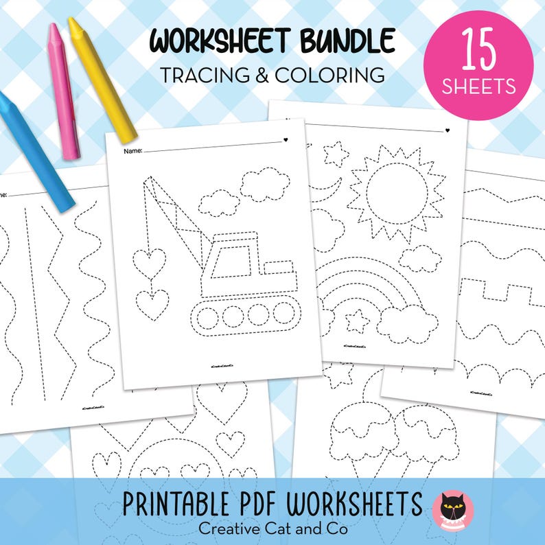 May include: A collection of printable PDF worksheets for tracing and coloring. The worksheets feature various designs, including a crane, sun, rainbow, and ice cream cones. The image also includes three crayons in blue, pink, and yellow, and text that reads "WORKSHEET BUNDLE TRACING & COLORING".
