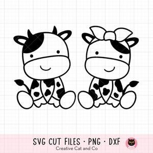 Jolie vache contour SVG PNG, vache dessin animé garçon fille noir et blanc, enfants à colorier des cliparts, illustration d'animaux de ferme assis, fichier de coupe Cricut