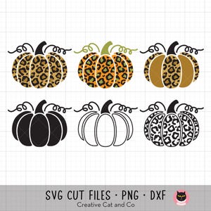 May include: Six digital cut files of pumpkins in various styles. Three pumpkins are black and white, and three are orange and black with a leopard print pattern. The text "SVG CUT FILES - PNG - DXF" is at the bottom of the image. The text "Creative Cat and Co" is below the text "SVG CUT FILES - PNG - DXF".