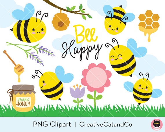 Download Bee Clipart Cute Spring Bee Flower And Honey Happy Bee With Etsy