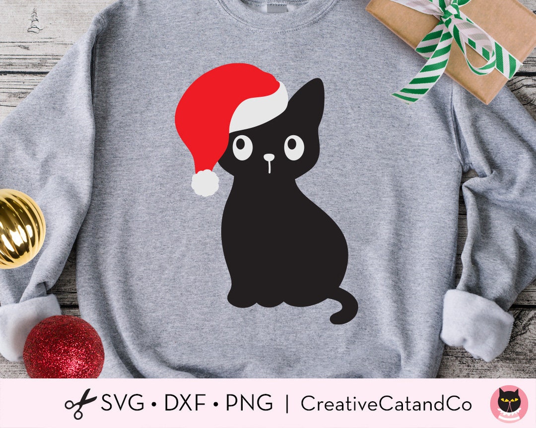 Christmas Cat Svg, Black Cat Silhouette With Santa Hat, Meowy Christmas ...