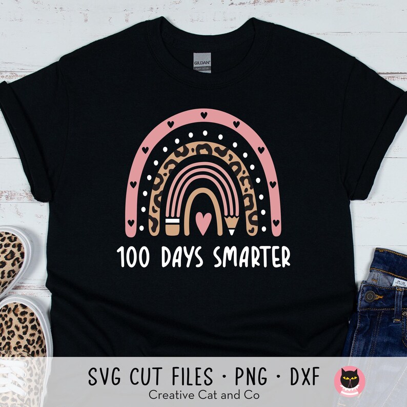 100 Days Smarter Svg, Png, Sublimation, Teacher, Girl, 100 Days of School, Pink Rainbow with Pencil, Svg, Dxf, SVG Cut Files for Cricut image 2