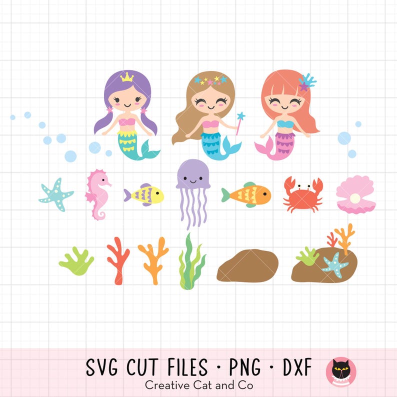 May include: A set of digital cut files featuring three cartoon mermaids with purple, pink, and red hair, a starfish, a seahorse, a jellyfish, two fish, a crab, a seashell, and four different types of seaweed. The text "SVG CUT FILES - PNG - DXF" and "Creative Cat and Co" are also included in the image.