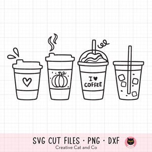 Disegno di caffè carino SVG PNG - Clipart di caffè caldo/freddo da asporto, Pumpkin Spice Lattes, scarabocchi di tazze di caffè, bianco e nero, file di taglio Cricut, DXF
