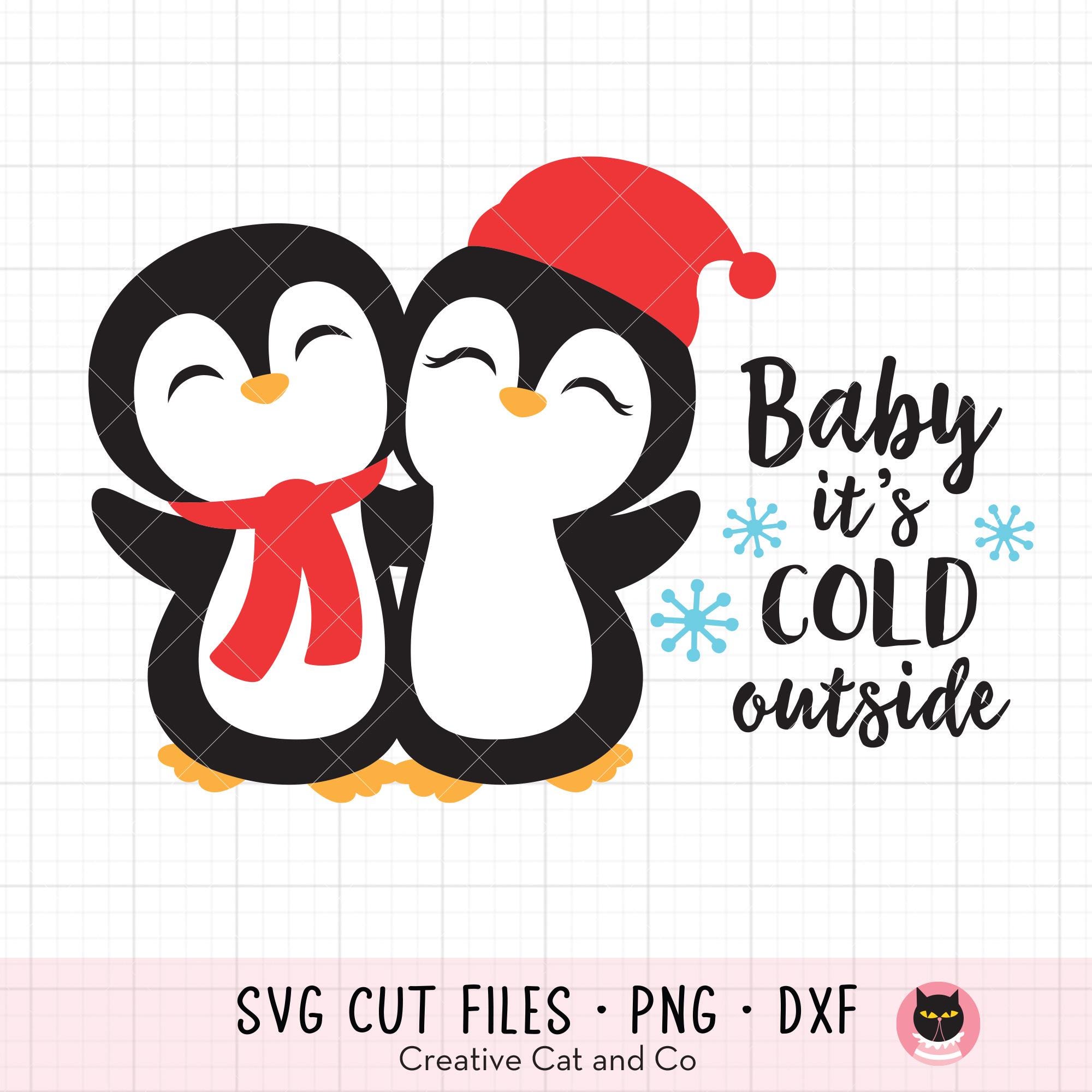 Holiday Penguins SVG PNG DXF | Cute Penguin Couple with Hats | Baby It’s  Cold Outside Christmas Shirt and Decor Design, image size:2000x2000