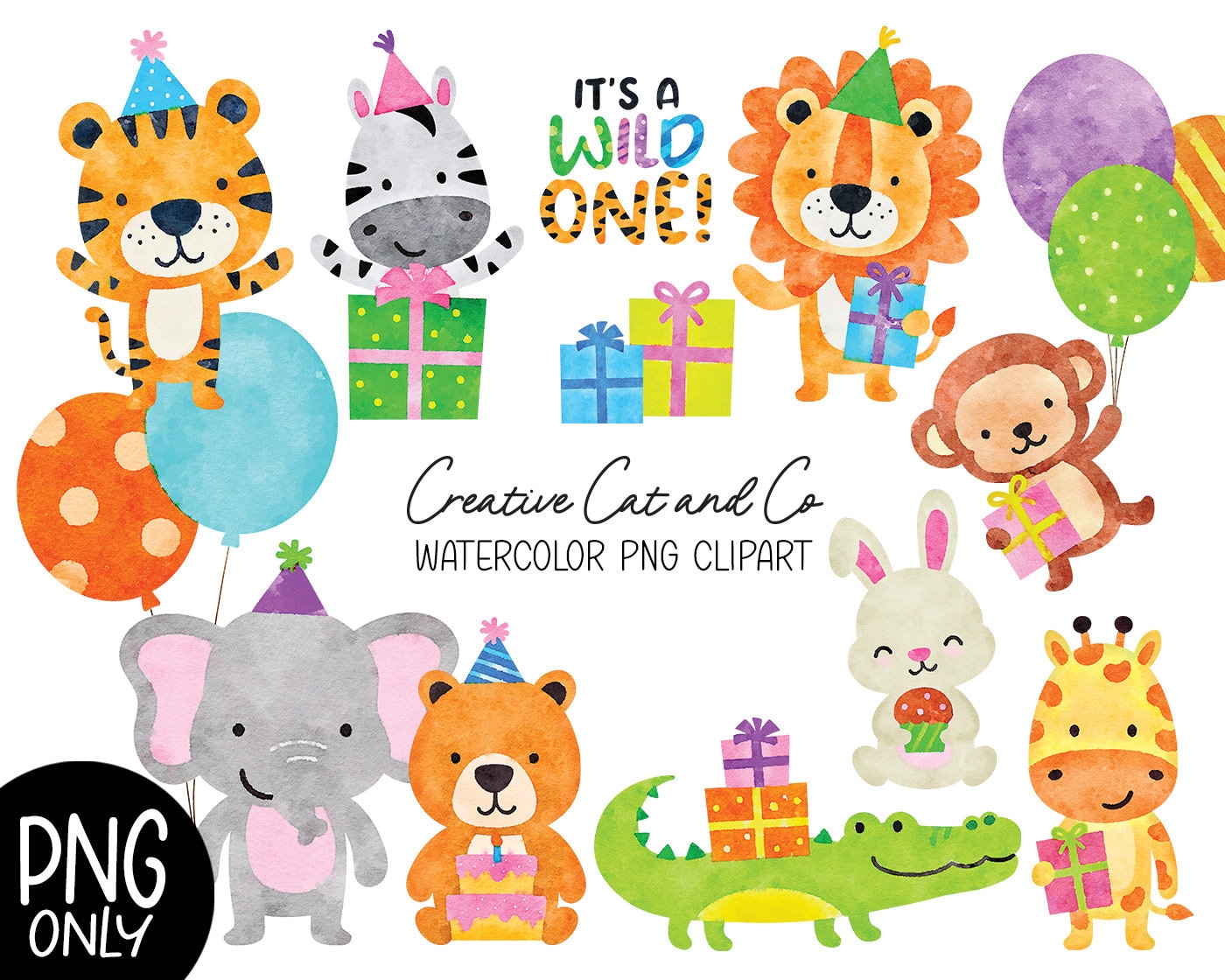 Wild Animal Party Watercolor Clipart, Birthday Party, Sublimation PNG Clip Art, Tiger, Lion, Elephant, Giraffe, Bear, Zebra, monkey, Balloon