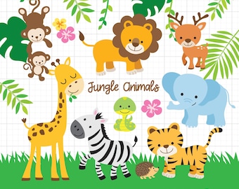 Jungle Safari Animals PNG Clipart Bundle | Cute Hand Drawn Lion, Tiger, Elephant, Giraffe, Zebra, Deer, Snake and Hedgehog | Nursery Art