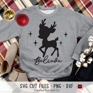 Believe Reindeer SVG PNG DXF | Minimalist Kid Christmas Shirt Design | Cute Baby Reindeer Silhouette Easy One Color Cut File