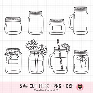 May include: Line art illustration of eight mason jars in various shapes and sizes. Some jars have lids, handles, flowers, or a straw. The image includes the text "SVG CUT FILES • PNG • DXF" and "Creative Cat and Co."