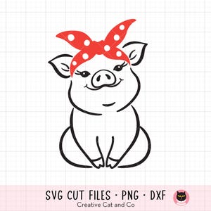 Pig Bandana SVG, PNG, Cute Pig with Red Headscarf Clipart, Farm Animal, Headband, Farmhouse T-Shirt Design, Cricut Cut File DXF Sublimation