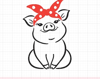 Pig Bandana SVG, PNG, Cute Pig with Red Headscarf Clipart, Farm Animal, Headband, Farmhouse T-Shirt Design, Cricut Cut File DXF Sublimation
