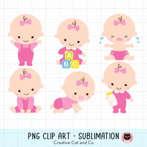 Baby Girl PNG Clipart, Cute Baby Girl Cartoon, Sitting, Crying, Crawling, Baby with Milk Bottle, Baby Shower Illustration, Invitation