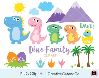 May include: A set of colorful dinosaur clip art images. The set includes a blue dinosaur, a pink dinosaur, a green dinosaur, an orange dinosaur, a baby dinosaur in an egg, two palm trees, and three footprints. The text "Dino Family Clip Art" is written in purple letters.