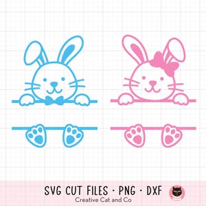 May include: Two bunny rabbit SVG cut files, one blue and one pink. The blue bunny is wearing a bow tie and the pink bunny is wearing a bow. Both bunnies are peeking over a blank space with their feet showing below.