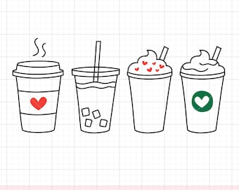 Iced Coffee SVG PNG - Cute To Go Coffee Cup Drawing, Line Art, Minimal, Drink with Whip Cream, Hot and Cold Beverages, Cricut Cut File, DXF