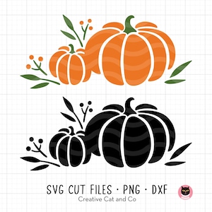 Zucche autunnali SVG PNG DXF Clipart / Grafica decorativa di zucca con foglie e bacche / Versioni a colori e silhouette / File di taglio Cricut