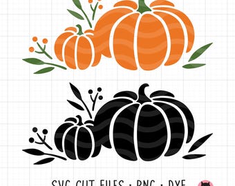 Fall Pumpkins SVG PNG DXF Clipart | Decorative Pumpkin Graphic with Leaves and Berries | Color and Silhouette Versions | Cricut Cut File