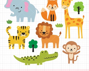 Jungle Animals SVG PNG Clipart Bundle - Wild Safari Lion, Tiger, Elephant, Giraffe, Monkey, Cartoon Nursery Decor, Cricut Cut File