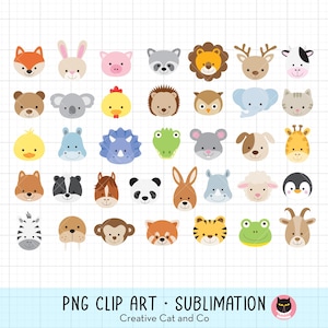 Paquete de imágenes prediseñadas PNG de caras de animales lindos, animales salvajes y de granja, león, elefante, jirafa, cebra, vaca, mono, ilustración infantil