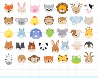 Cute Animal Face PNG Clipart Bundle, Wild & Farm Animals, Lion, Elephant, Giraffe, Zebra, Cow, Monkey, Children Illustration