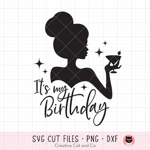 Mujer cumpleaños con bebida SVG Mujer con cóctel silueta celebración de cumpleaños Clipart Svg Dxf Archivos de corte para Cricut