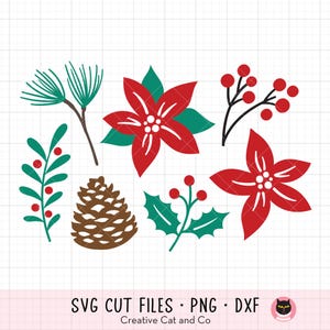 Noël feuillage plantes SVG vacances pomme de pin poinsettia houx baies pin feuilles branches brindille Clipart Svg Dxf coupe fichiers Cricut Silhouette