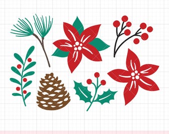 Christmas Foliage Plants SVG PNG DXF | Pinecone, Poinsettia, Holly and Pine Branches Clipart | Holiday Graphic Element Cricut Cut Files