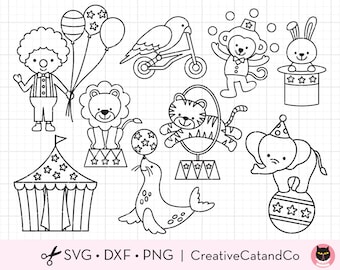 Circus Animals Outline Coloring Svg, Png, Outlined Circus Animals, Birthday Party Favor, Kid Activity, Svg, Cut File, Kid Coloring Clipart