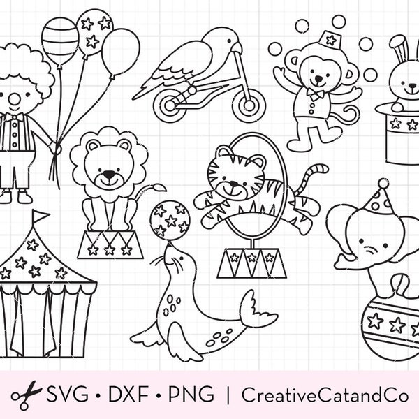 Circus Animals Outline Coloring Svg, Png, Outlined Circus Animals, Birthday Party Favor, Kid Activity, Svg, Cut File, Kid Coloring Clipart