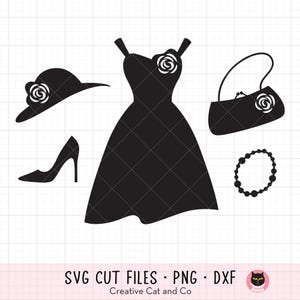 Silhouette del vestito SVG PNG - Piccolo vestito nero, Accessori (Scarpe, Borsa, Cappello, Collana), File di taglio Cricut, DXF, Download digitale